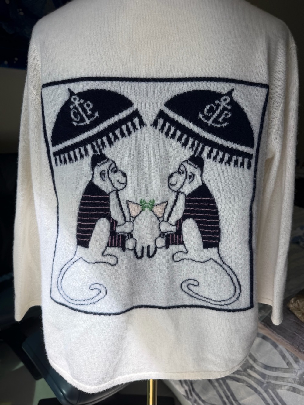 Ivory Crewneck Sweater with Mirrored Monkey Motif